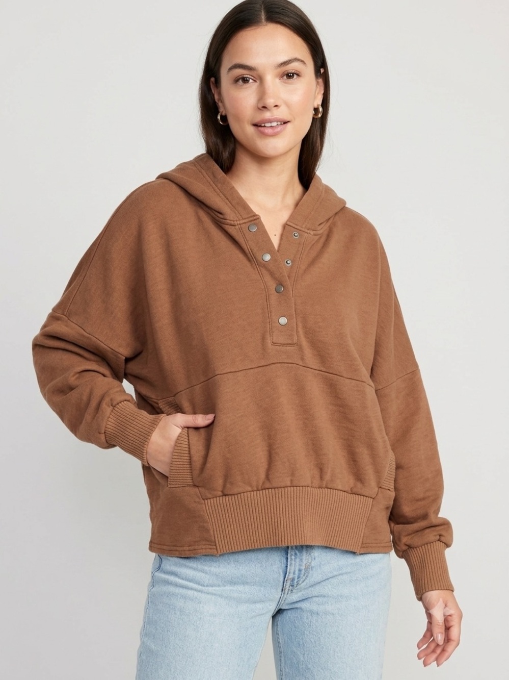 AEMI + CO Brown Snap Neck Oversized Hoodie Pullover Sweatshirt